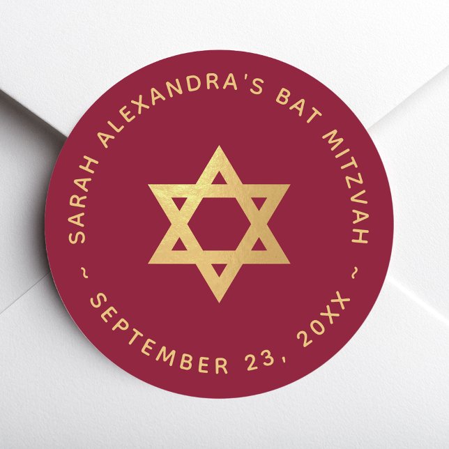Bat Mitzvah Girl Faux Gold Star of David Burgundy  Classic Round Sticker (Creator Uploaded)