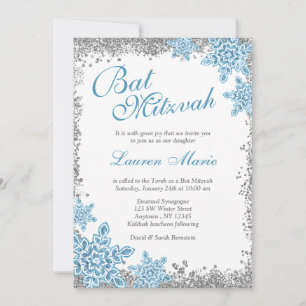 Bat Mitzvah Glam Winter Wonderland Silver Blue Invitation