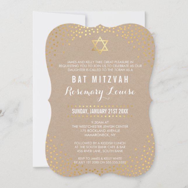 BAT MITZVAH glamourous mini gold confetti kraft Invitation (Front)