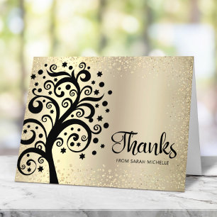Bat Mitzvah Gold Foil Black Tree of Life Script Thank You Card