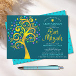 Bat Mitzvah Gold Foil Modern Tree of Life on Teal Invitation<br><div class="desc">Be proud, rejoice and showcase this milestone of your favourite Bat Mitzvah! This graphic faux gold foil tree with sparkly turquoise, teal, purple and blue Star of David and dot “leaves” on a rich, dark teal blue background is the perfect invitation for this special occasion. A tiny, teal blue Star...</div>