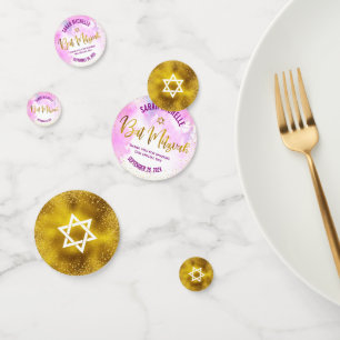 Bat Mitzvah Gold Foil Script, Chic Pink Watercolor Confetti