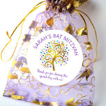 Bat Mitzvah Gold Foil Tree Life, Purple Typography Classic Round Sticker<br><div class="desc">Be proud, rejoice and showcase this milestone of your favourite Bat Mitzvah! Use this fun, sophisticated, personalised sticker to add to her special day. A stunning, graphic faux gold foil tree with sparkly turquoise, teal, purple and blue Star of David and dot “leaves” overlays a white background. Personalise the custom...</div>