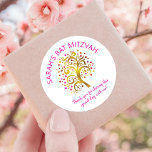 Bat Mitzvah Gold Foil Tree of Life Pink Typography Classic Round Sticker<br><div class="desc">Be proud, rejoice and showcase this milestone of your favourite Bat Mitzvah! Use this fun, sophisticated, personalised sticker to add to her special day. A stunning, graphic faux gold foil tree with sparkly pink, orange, and red Star of David and dot “leaves” overlays a white background. Personalise the custom text...</div>