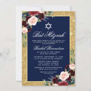 Bat Mitzvah Gold Glitter Floral Burgundy Blue Invitation