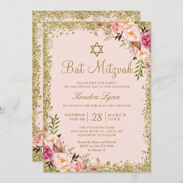 Bat Mitzvah | Gold Glitters Blush Pink Floral Invitation (Front/Back)