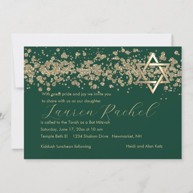 Bat Mitzvah Gold Glittery Border on Any Colour Invitation (Front)