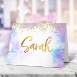 Bat Mitzvah Gold Purple Watercolor Sarah Blank Thank You Card<br><div class="desc">Make sure your favourite Bat Mitzvah shows her appreciation to all who supported her milestone event! Send out this stunning, modern, personalised thank you note. Sparkly faux gold foil handwritten script and tiny glitter dots overlay a light purple watercolor background. Blank inside for your handwritten note. Guaranteed to add a...</div>