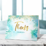 Bat Mitzvah Gold Script on Turquoise Watercolor Thank You Card<br><div class="desc">Make sure your favourite Bat Mitzvah shows her appreciation to all who supported her milestone event! Send out this stunning, modern, sparkly gold faux foil handwritten script and tiny dots overlaying a turquoise blue watercolor background, personalised thank you note. On the front, personalise with your Bat Mitzvah’s name. Add a...</div>