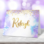 Bat Mitzvah Gold Script Purple Custom Name Raleigh Thank You Card<br><div class="desc">Make sure your favourite Bat Mitzvah shows her appreciation to all who supported her milestone event! Send out this stunning, modern, personalised thank you note. Sparkly faux gold foil handwritten script and tiny glitter dots overlay a light purple watercolor background. Guaranteed to add a stylish touch to her correspondence! Matching...</div>