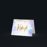 Bat Mitzvah Gold Script Purple Custom Name Raleigh Thank You Card<br><div class="desc">Make sure your favourite Bat Mitzvah shows her appreciation to all who supported her milestone event! Send out this stunning, modern, personalised thank you note. Sparkly faux gold foil handwritten script and tiny glitter dots overlay a light purple watercolor background. Guaranteed to add a stylish touch to her correspondence! Matching...</div>