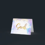 Bat Mitzvah Gold Script Purple Watercolor Sarah Thank You Card<br><div class="desc">Make sure your favourite Bat Mitzvah shows her appreciation to all who supported her milestone event! Send out this stunning, modern, personalised thank you note. Sparkly faux gold foil handwritten script and tiny glitter dots overlay a light purple watercolor background. Add a personalised note on the inside, either by modifying...</div>