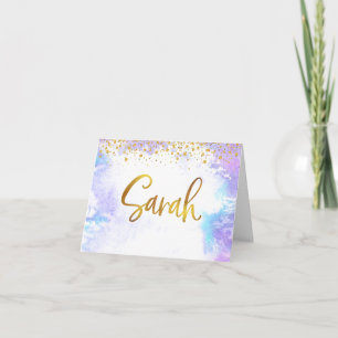Bat Mitzvah Gold Script Purple Watercolor Sarah Thank You Card
