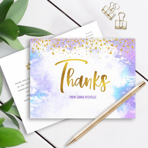 Bat Mitzvah Gold Script Purple Watercolor Thanks Postcard