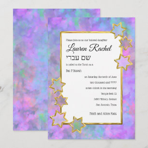 Bat Mitzvah Gold Star Abstract Purple Pink Blue Invitation