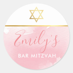 BAT MITZVAH gold star chic blush pink watercolor Classic Round Sticker