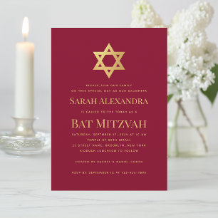 Bat Mitzvah Gold Star of David Simple Burgundy Red Invitation