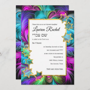 Bat Mitzvah Gold Stars Colourful Pastel Drawing Invitation