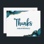 Bat Mitzvah Gold Turquoise Agate Script Thank You Postcard<br><div class="desc">Make sure your favourite Bat Mitzvah shows his appreciation to all who supported her milestone event! Send out this cool, unique, modern, personalised thank you postcard. Turquoise blue handwritten script and bold, sans serif typography overlay a simple, clean white background with turquoise blue agate rocks accented with faux gold veins....</div>