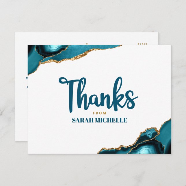 Bat Mitzvah Gold Turquoise Agate Script Thank You Postcard (Front/Back)