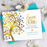 Bat Mitzvah Gold Turquoise and Purple Tree of Life Save The Date<br><div class="desc">Make sure all your friends and relatives will be able to celebrate your daughter’s milestone Bat Mitzvah! Send out this stunning, graphic faux gold foil tree with sparkly turquoise, teal, purple and blue Star of David and dot “leaves” on a white background, personalised “Save the Date” announcement card. A tiny,...</div>