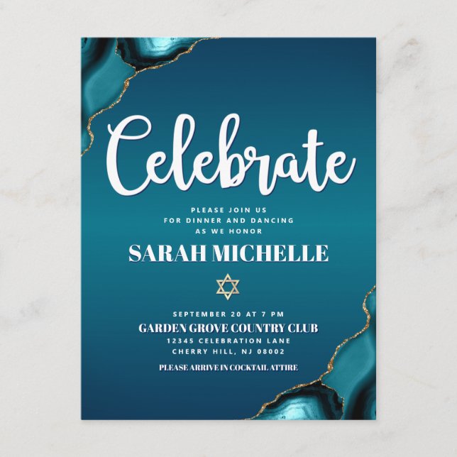 Bat Mitzvah Gold Turquoise Ombre Agate Script Bold Enclosure Card (Front)