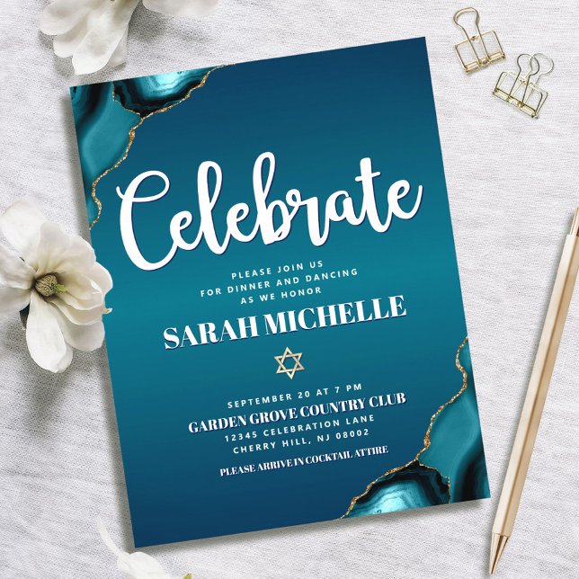 Bat Mitzvah Gold Turquoise Ombre Agate Script Bold Enclosure Card (Creator Uploaded)