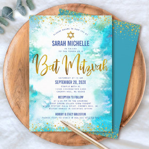 Bat Mitzvah Gold Turquoise Watercolor 2 Venue Chic Invitation