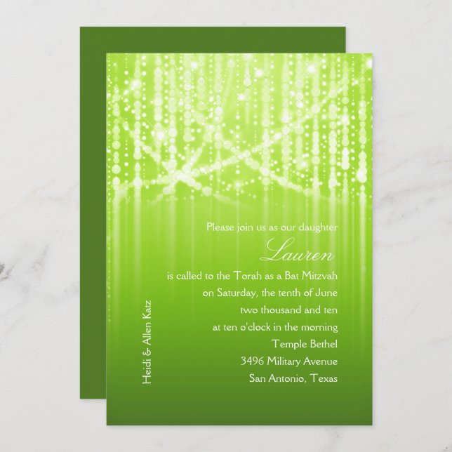 Bat Mitzvah Green and White Sparkly Lights Invitation (Front/Back)