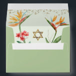 Bat Mitzvah Green Gold Tropical Floral Watercolor Envelope<br><div class="desc">Open up this dusty spring green envelope and you’ll find a surprise, graphic visual of colourful tropical watercolor birds of paradise flowers and a faux gold foil Star of David and tiny glitter dots overlaying a pale, dusty, light spring green background. The outside back flap boasts faux gold glitter dots...</div>