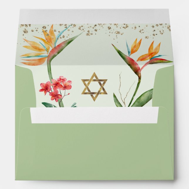 Bat Mitzvah Green Gold Tropical Floral Watercolor Envelope (Back (Bottom))