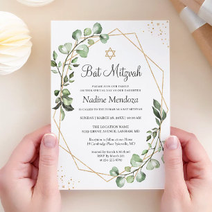 Bat Mitzvah   Greenery Eucalyptus Gold Geometric Invitation