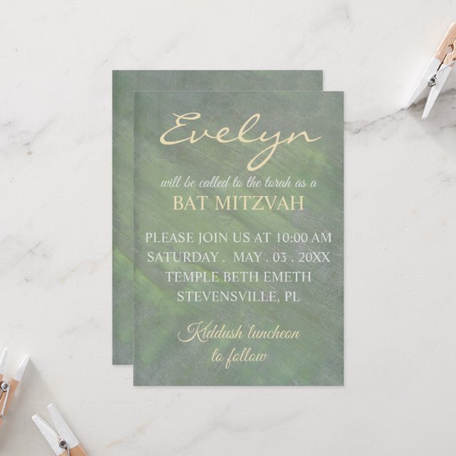Bat Mitzvah Greens Silvers Invitation (Front/Back In Situ)