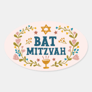 BAT MITZVAH Hand-drawn floral Jewish Customisable  Oval Sticker