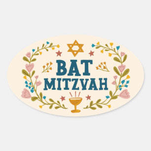 BAT MITZVAH Hand-drawn floral Jewish Customizable  Oval Sticker