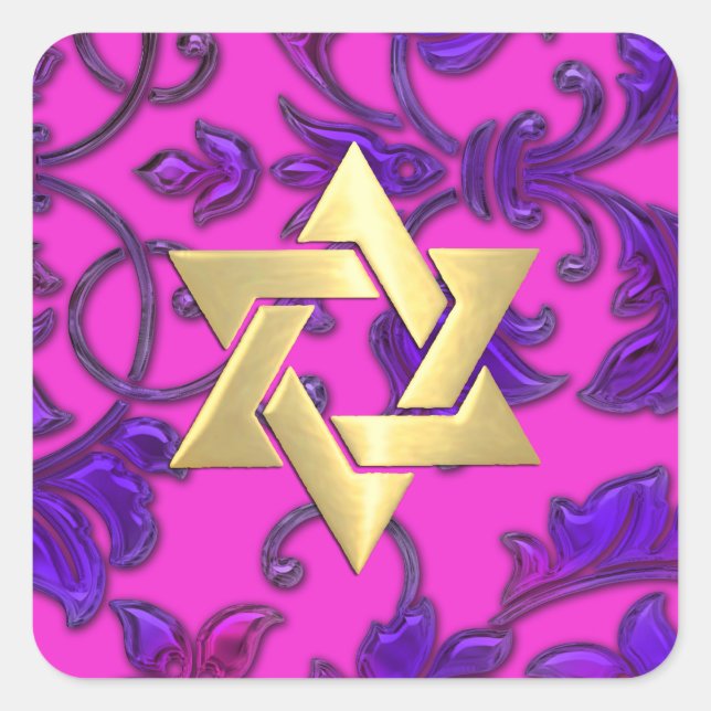 Bat Mitzvah Hot Pink and Purple Damask Square Sticker (Front)