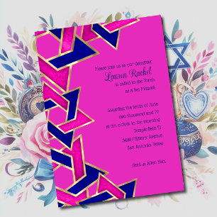 Bat Mitzvah Hot Pink Navy Blue Star of David Invitation