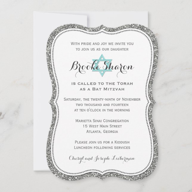 Bat Mitzvah Invitation | FAUX Silver glitter (Front)
