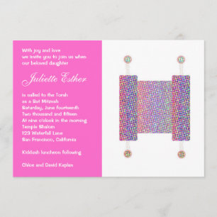 Bat Mitzvah Invitation Festive Torah Scroll Pink