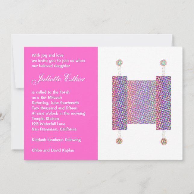 Bat Mitzvah Invitation Festive Torah Scroll Pink (Front)