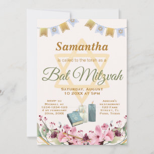 Bat mitzvah invitation: Flowers, torah Invitation