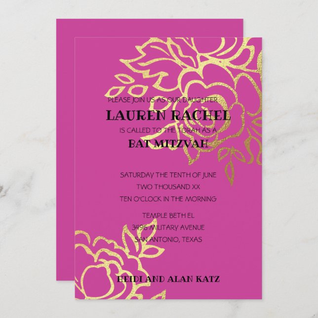 Bat Mitzvah Invitation Gold Floral on Any Colour (Front/Back)