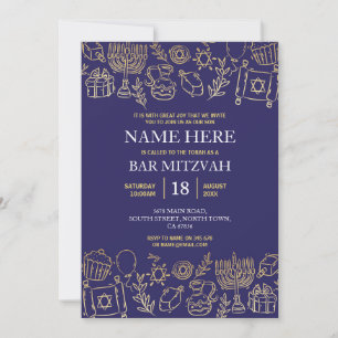 Bat Mitzvah Invitation Jewish Navy Star Blue Gold