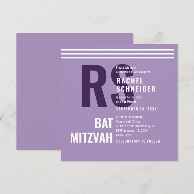 Bat Mitzvah Invitation Modern Monogram (Front/Back)