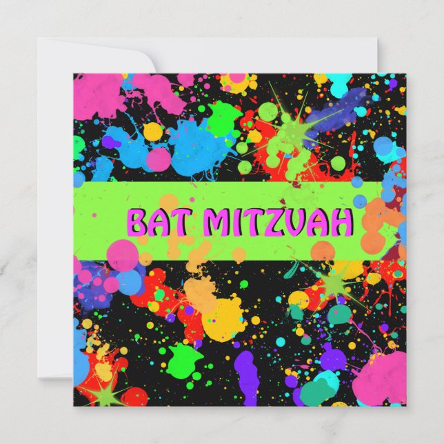 Bat Mitzvah Invitation, Neon Paint Splatter Invitation (Front)