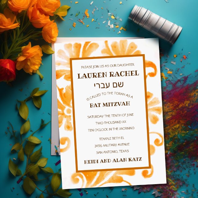 Bat Mitzvah Invitation Orange Plume (Creator Uploaded)