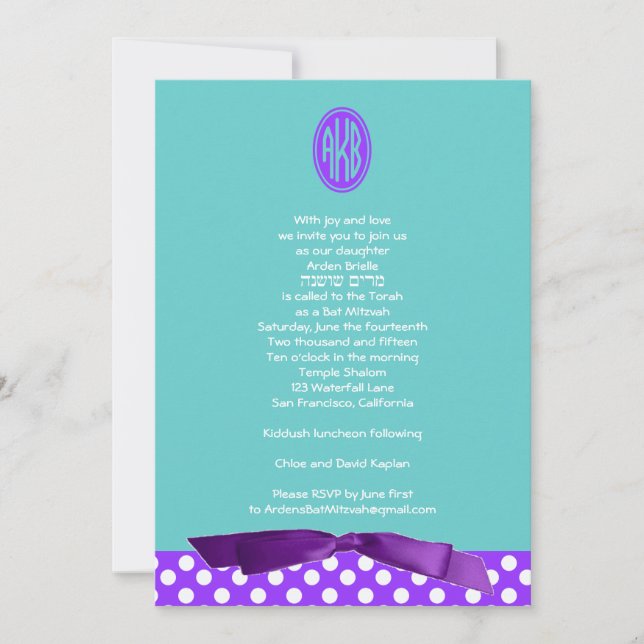 Bat Mitzvah Invitation Purple Bow Polka Dot (Front)