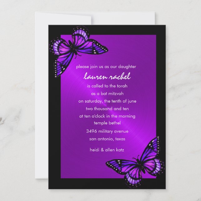 Bat Mitzvah Invitation Purple Butterfly (Front)