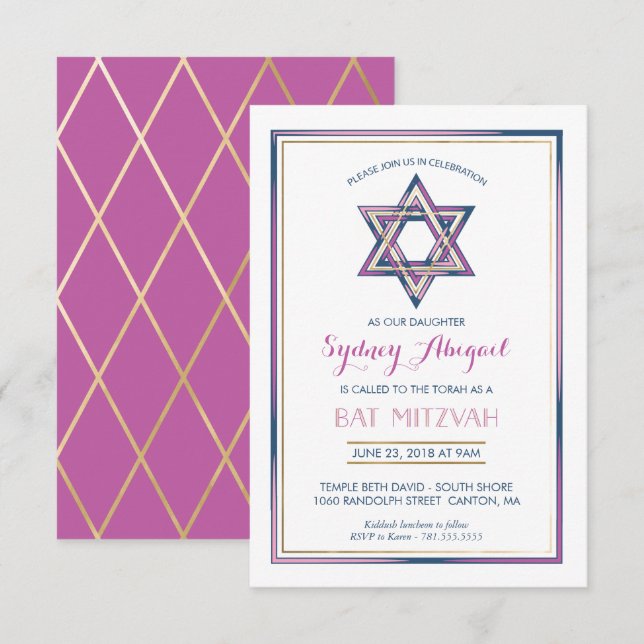 Bat Mitzvah Invitation - Star of David w/ Gold (Front/Back)