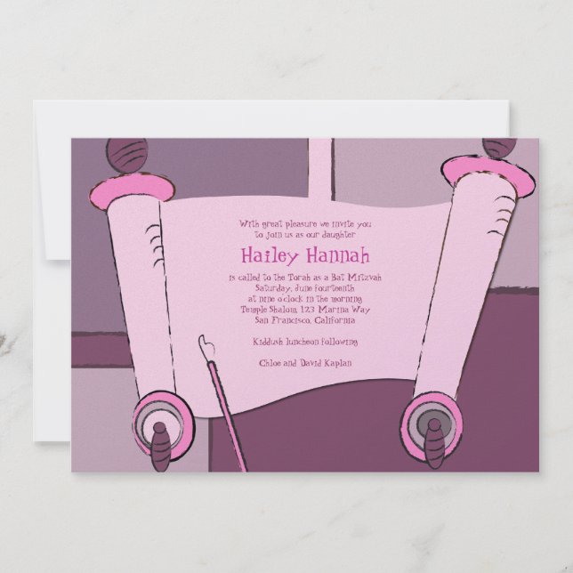 Bat Mitzvah Invitation Torah Hailey Hannah Pink (Front)